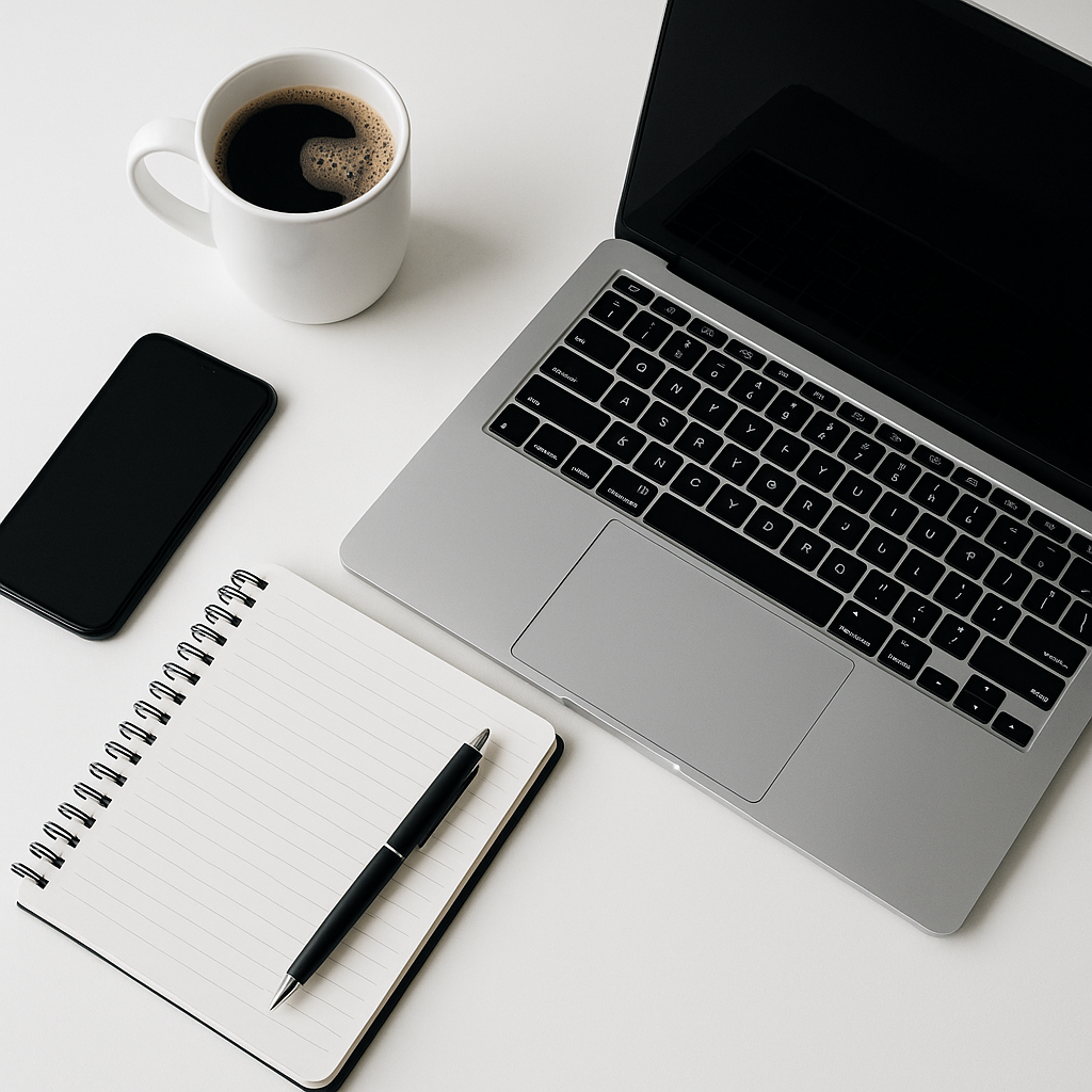 Clean Workspace with Tech Vibe A sleek desktop with a coffee cup, open laptop, notebook, and phone — gives a “we’re working, reachable, and real” feel.
