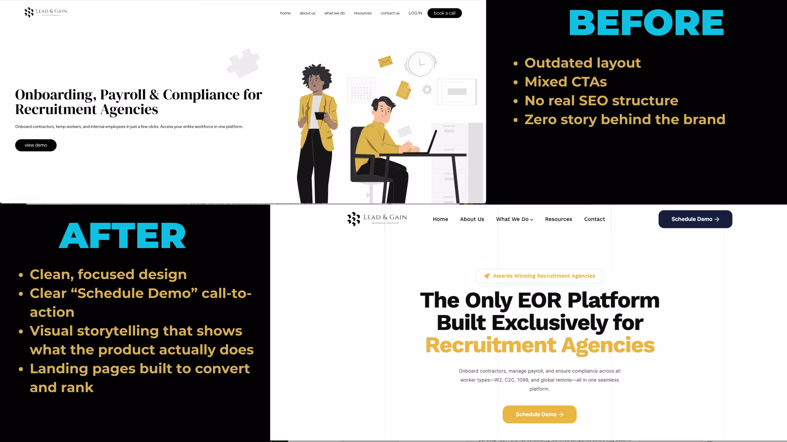 Before-and-after comparison of Lead & Gain’s website redesign showing improved SEO structure, clean design, product visuals, and a clear booking CTA built to convert.