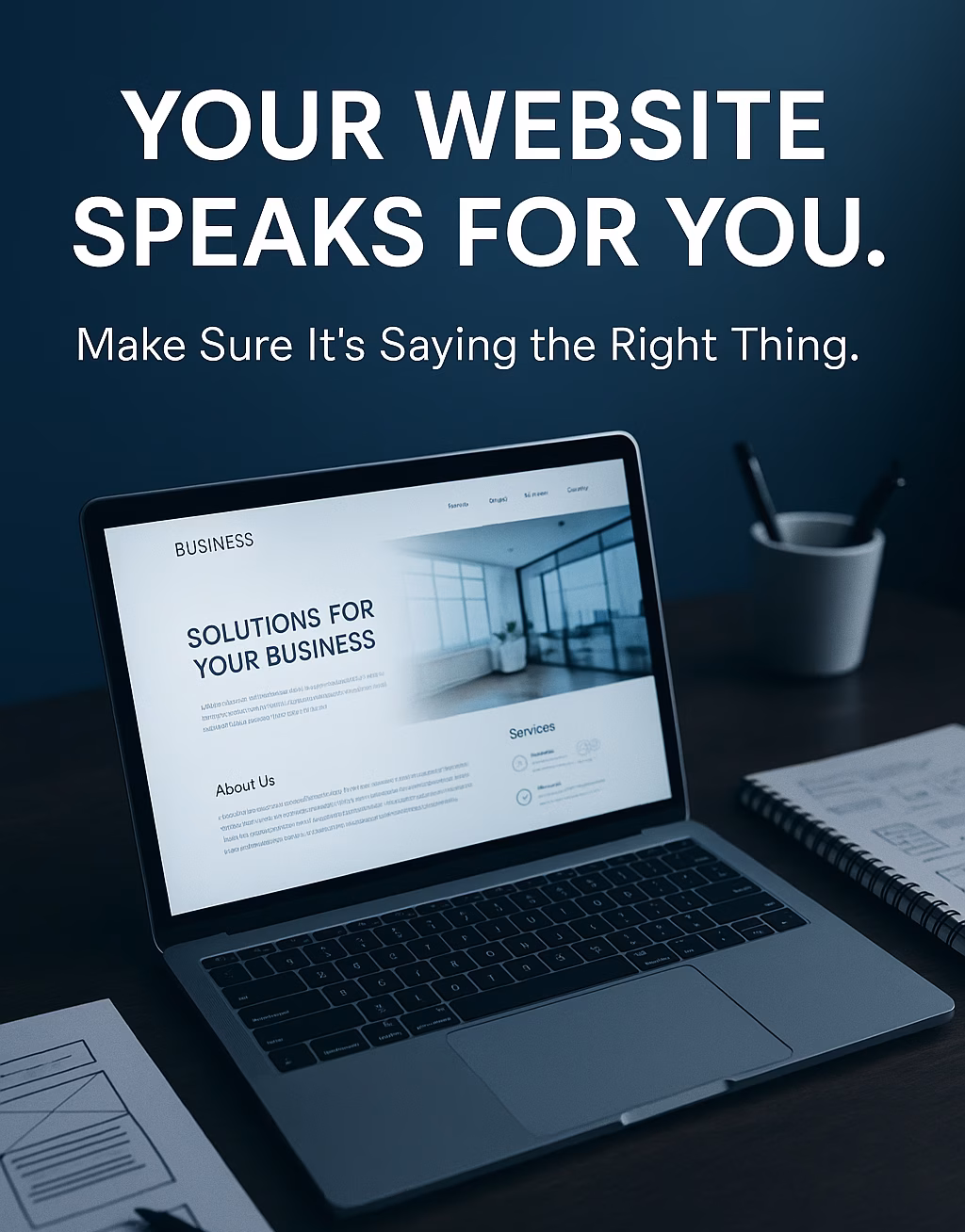 Modern website redesign concept showing laptop with updated business website and UX/UI design elements for small business owners.