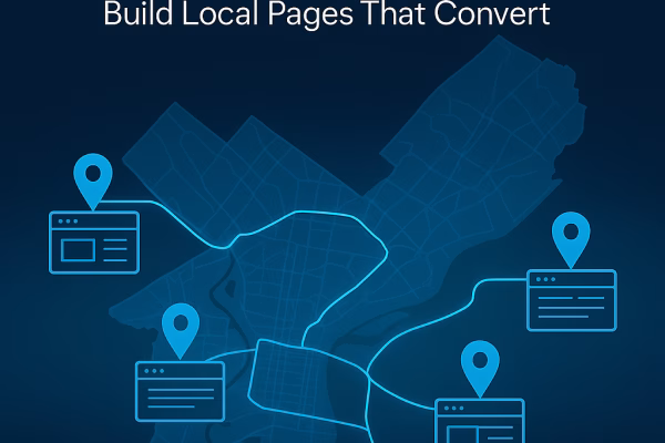 Map of Philadelphia with digital pins representing local SEO landing pages connecting neighborhoods for small business visibility.