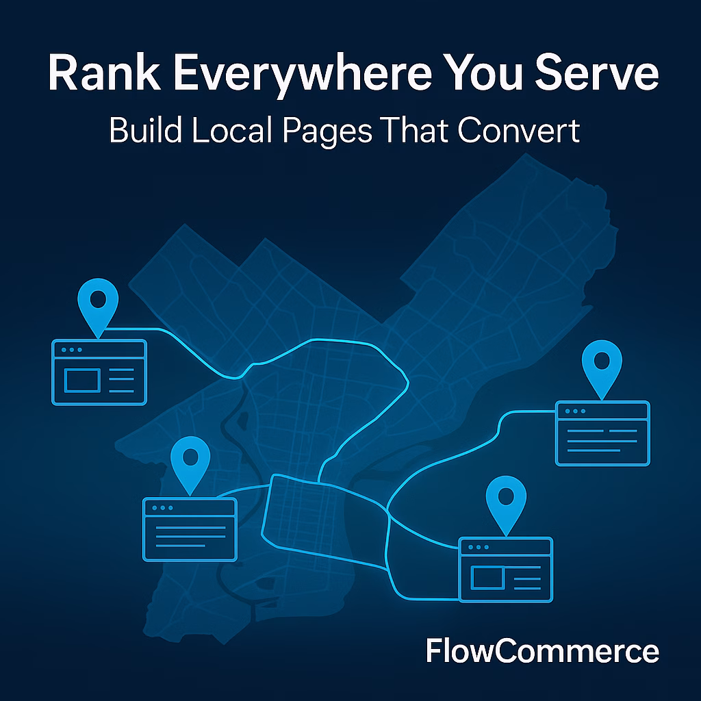 Map of Philadelphia with digital pins representing local SEO landing pages connecting neighborhoods for small business visibility.