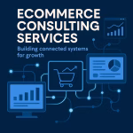 A sleek digital workspace with analytics dashboards and connected eCommerce systems representing FlowCommerce Consulting’s approach to building integrated, results-driven growth systems.