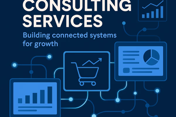 A sleek digital workspace with analytics dashboards and connected eCommerce systems representing FlowCommerce Consulting’s approach to building integrated, results-driven growth systems.