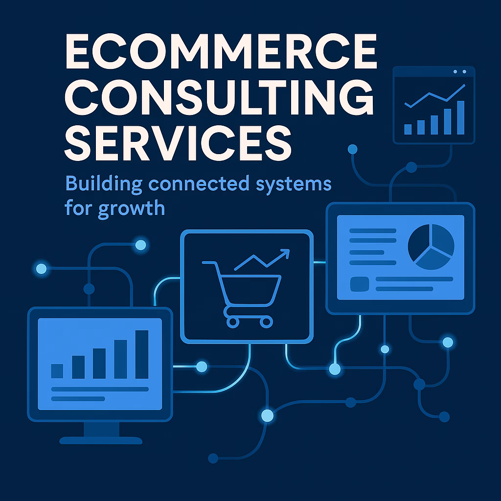 A sleek digital workspace with analytics dashboards and connected eCommerce systems representing FlowCommerce Consulting’s approach to building integrated, results-driven growth systems.