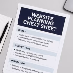 Digital blog header image featuring a workspace with a printed website planning cheat sheet, notes, and laptop wireframes in a clean navy and blue color palette. Represents FlowCommerce’s structured approach to website planning.