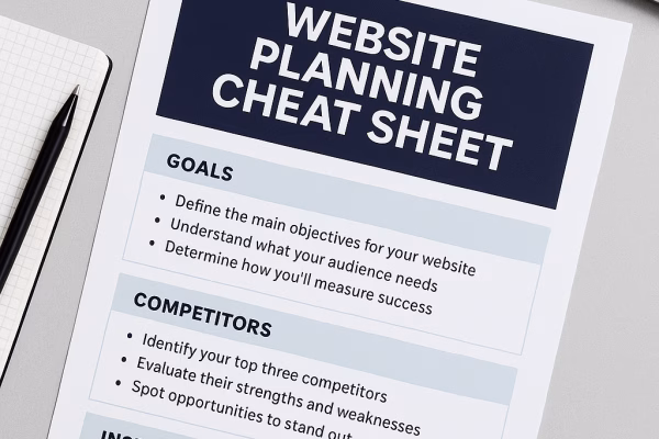 Digital blog header image featuring a workspace with a printed website planning cheat sheet, notes, and laptop wireframes in a clean navy and blue color palette. Represents FlowCommerce’s structured approach to website planning.