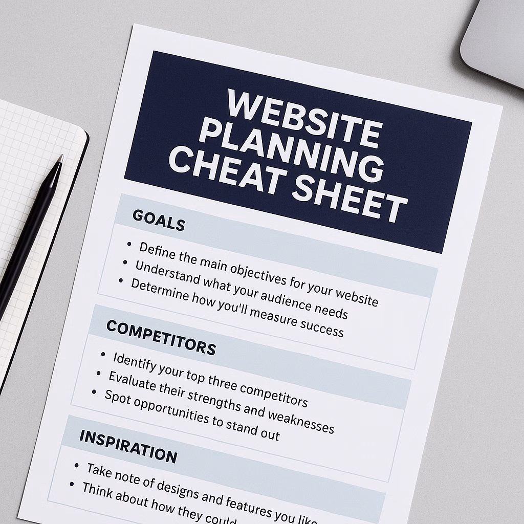 Digital blog header image featuring a workspace with a printed website planning cheat sheet, notes, and laptop wireframes in a clean navy and blue color palette. Represents FlowCommerce’s structured approach to website planning.