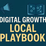 Digital illustration showing a tablet open to a business playbook with connected charts, maps, and growth icons — representing local business systems and strategy in FlowCommerce’s navy and electric blue color style.