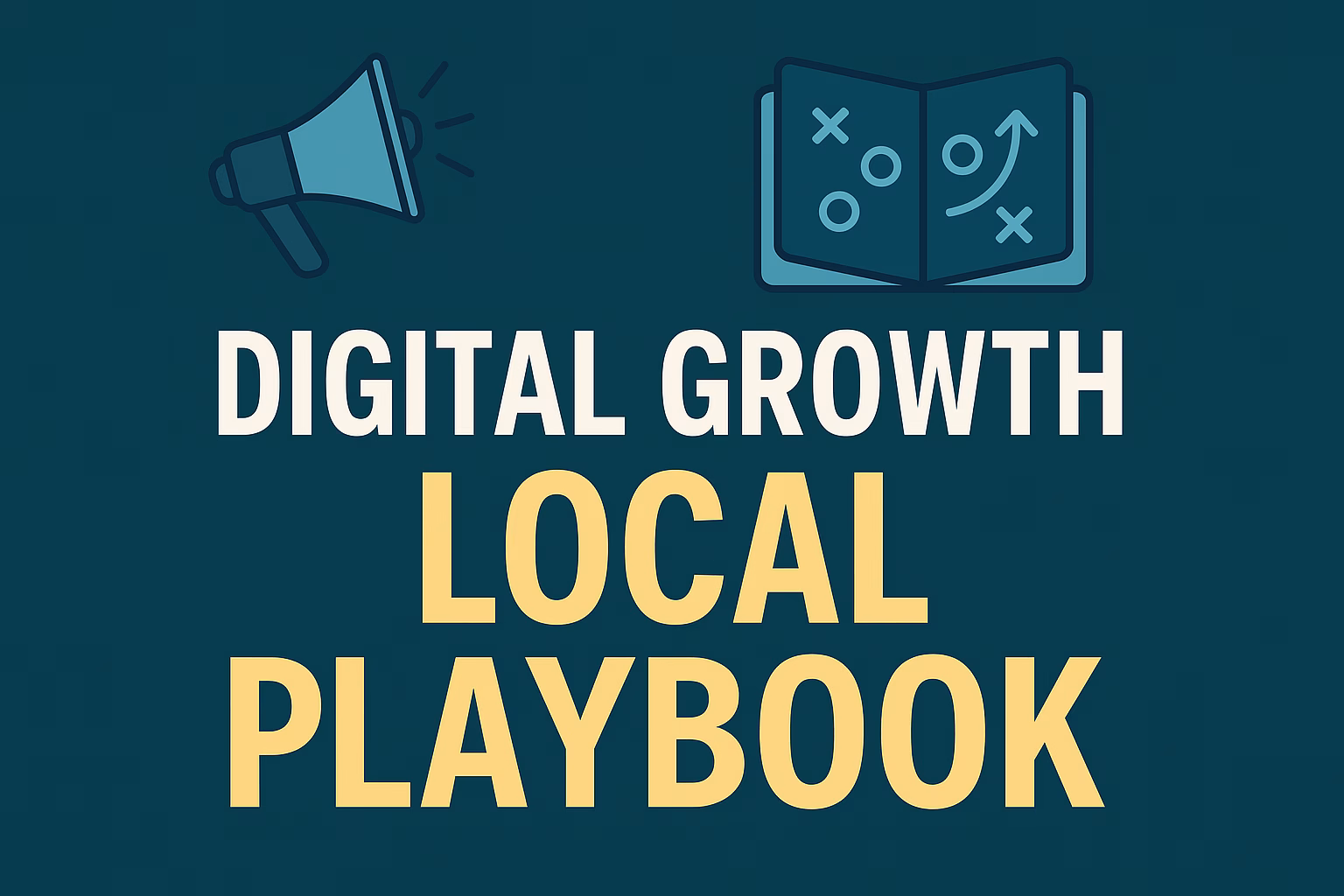 Digital illustration showing a tablet open to a business playbook with connected charts, maps, and growth icons — representing local business systems and strategy in FlowCommerce’s navy and electric blue color style.