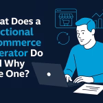 Digital illustration showing a professional reviewing eCommerce analytics dashboards and connected systems, representing a fractional eCommerce operator managing growth strategy and performance.