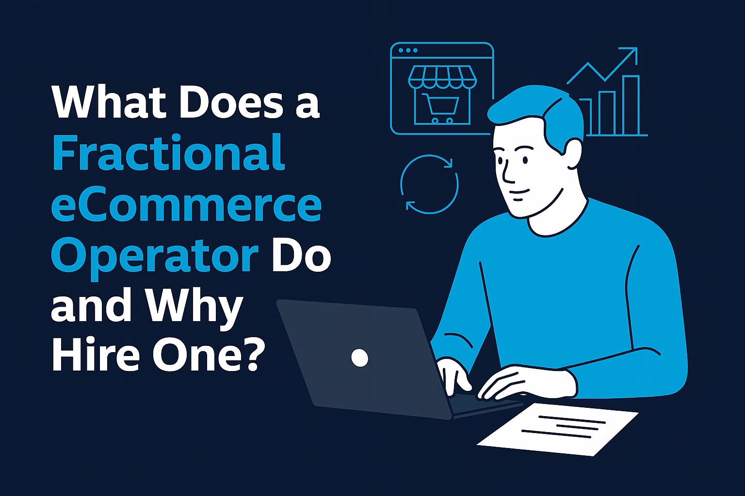 Digital illustration showing a professional reviewing eCommerce analytics dashboards and connected systems, representing a fractional eCommerce operator managing growth strategy and performance.