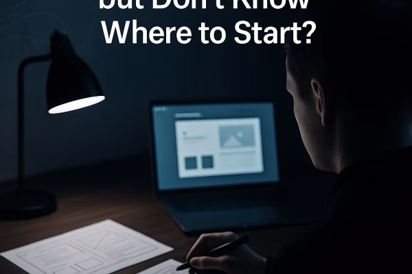 A designer at a desk mapping out a new website layout on paper and laptop, representing the process of starting a business website.