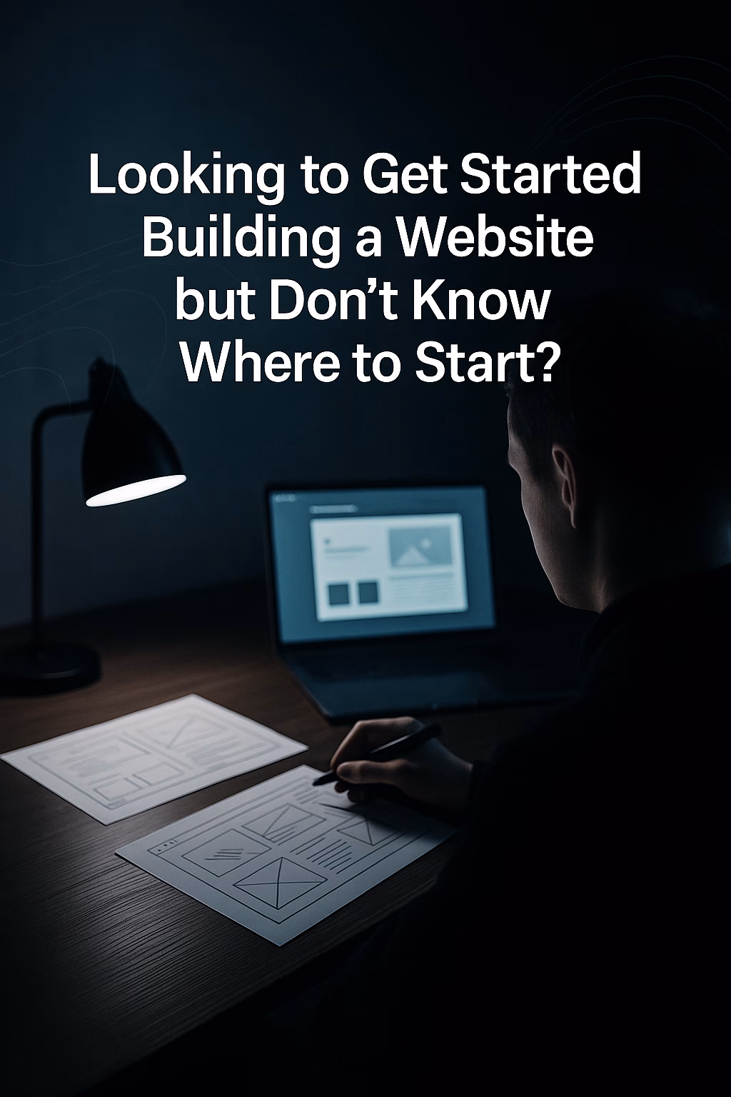 A designer at a desk mapping out a new website layout on paper and laptop, representing the process of starting a business website.