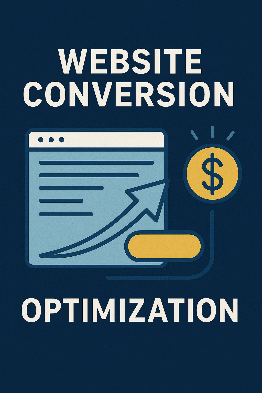 A modern flat-style illustration showing a website interface with an upward arrow leading to a dollar sign, symbolizing website conversion optimization and digital growth, designed in FlowCommerce Consulting’s brand colors of navy, light blue, and gold.
