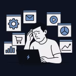 Illustration of a startup founder overwhelmed by too many software tools, sitting at a laptop surrounded by floating app icons, representing the need to simplify tech stacks and create operational flow.