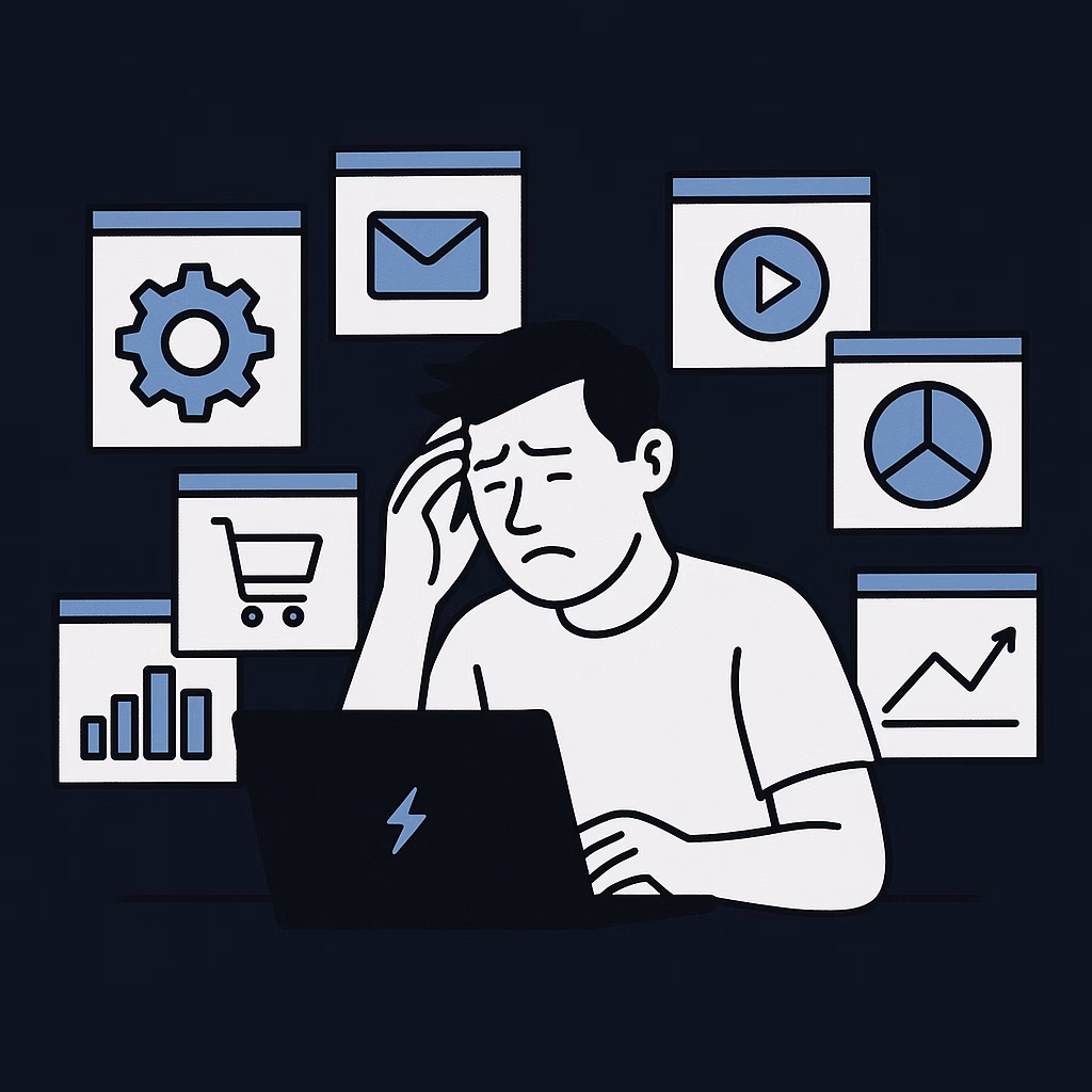 Illustration of a startup founder overwhelmed by too many software tools, sitting at a laptop surrounded by floating app icons, representing the need to simplify tech stacks and create operational flow.