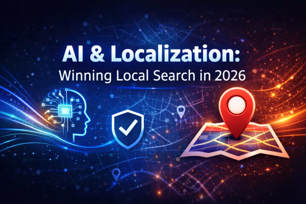 Graphic showing “Being Found in 2026” with AI, localization, and trust icons representing modern local search visibility