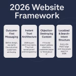 Diagram of the FlowCommerce 2026 Website Framework showing outcome-first messaging, trust architecture, objection handling, and localized SEO structure.