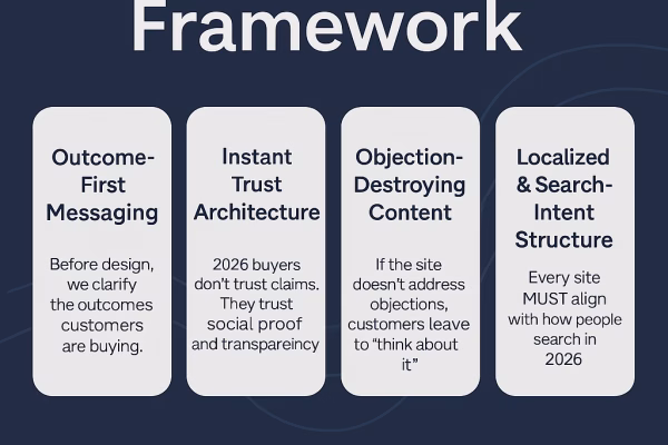Diagram of the FlowCommerce 2026 Website Framework showing outcome-first messaging, trust architecture, objection handling, and localized SEO structure.